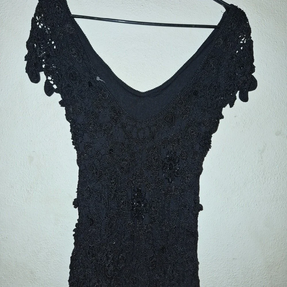 Vintage Black Crochet Lace V-Neck Asymetrical  Women’s Dress - Picture 11 of 16